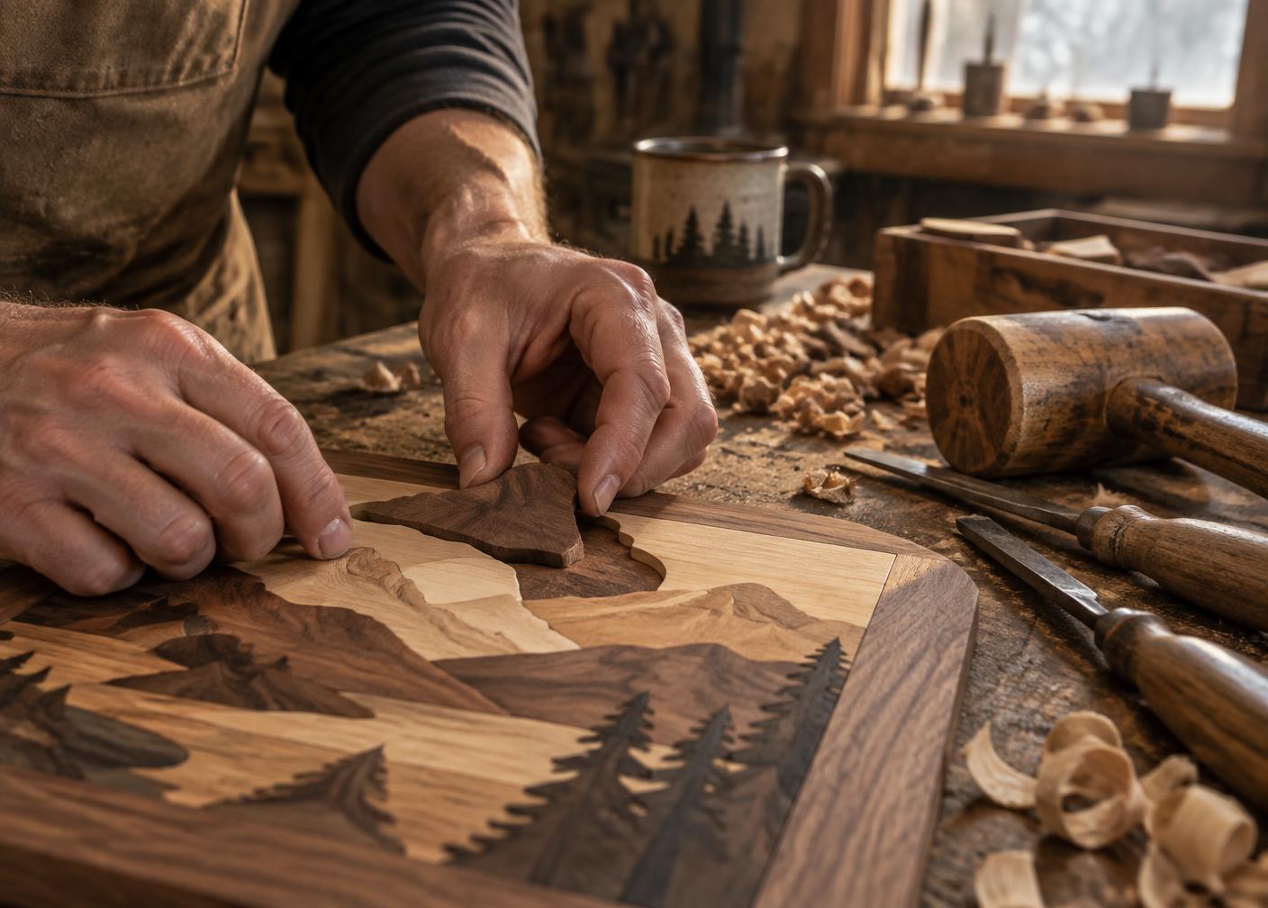 A maker's hands fitting a shaped piece of walnut into an intarsia panel